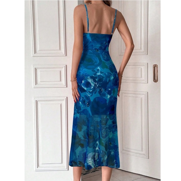 Blue Floral Rose Mesh Midi Dress Cami, Spaghetti Straps Lined, Stretchy - Picture 3 of 7